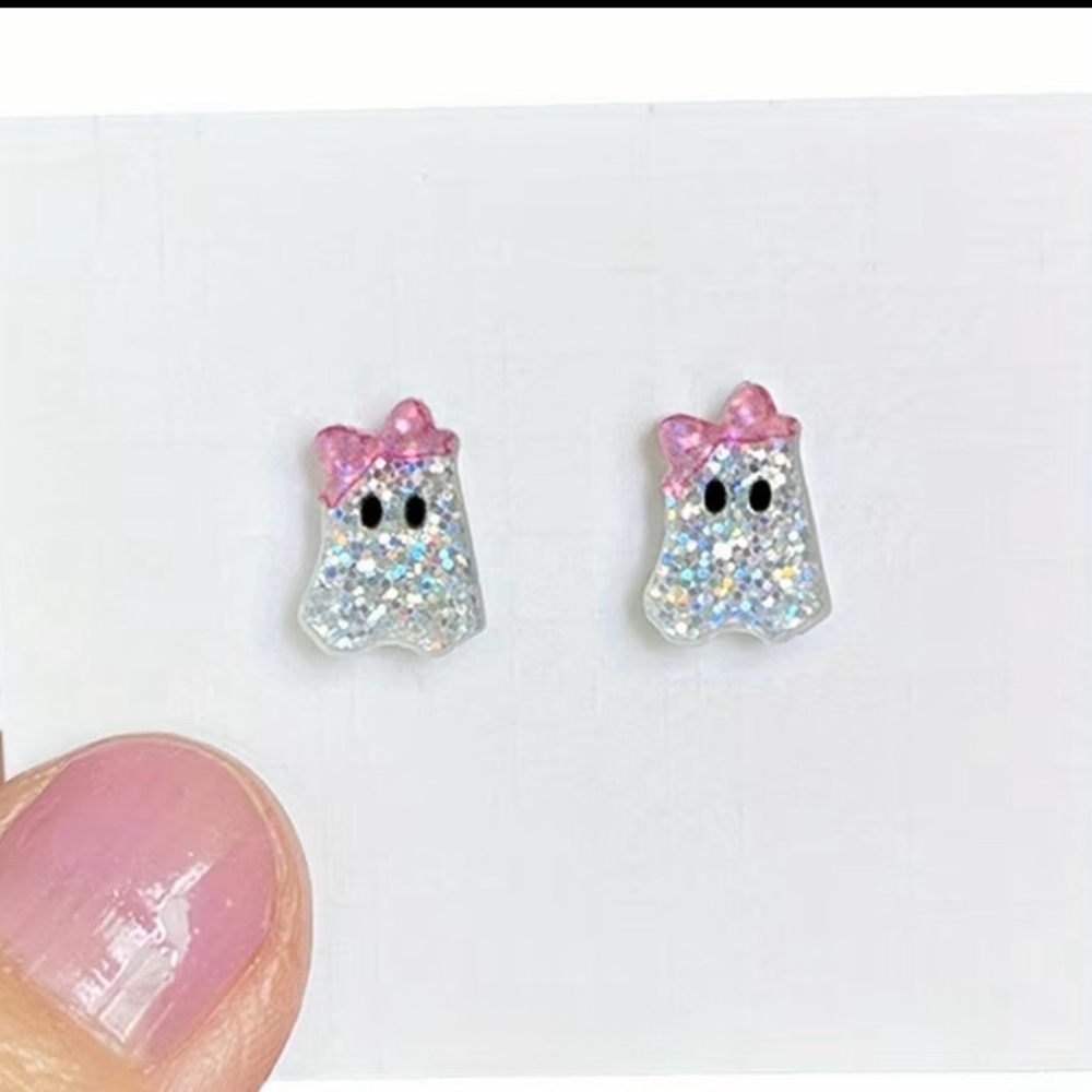 Sparkling Mini Ghost Earrings with Pink Bows